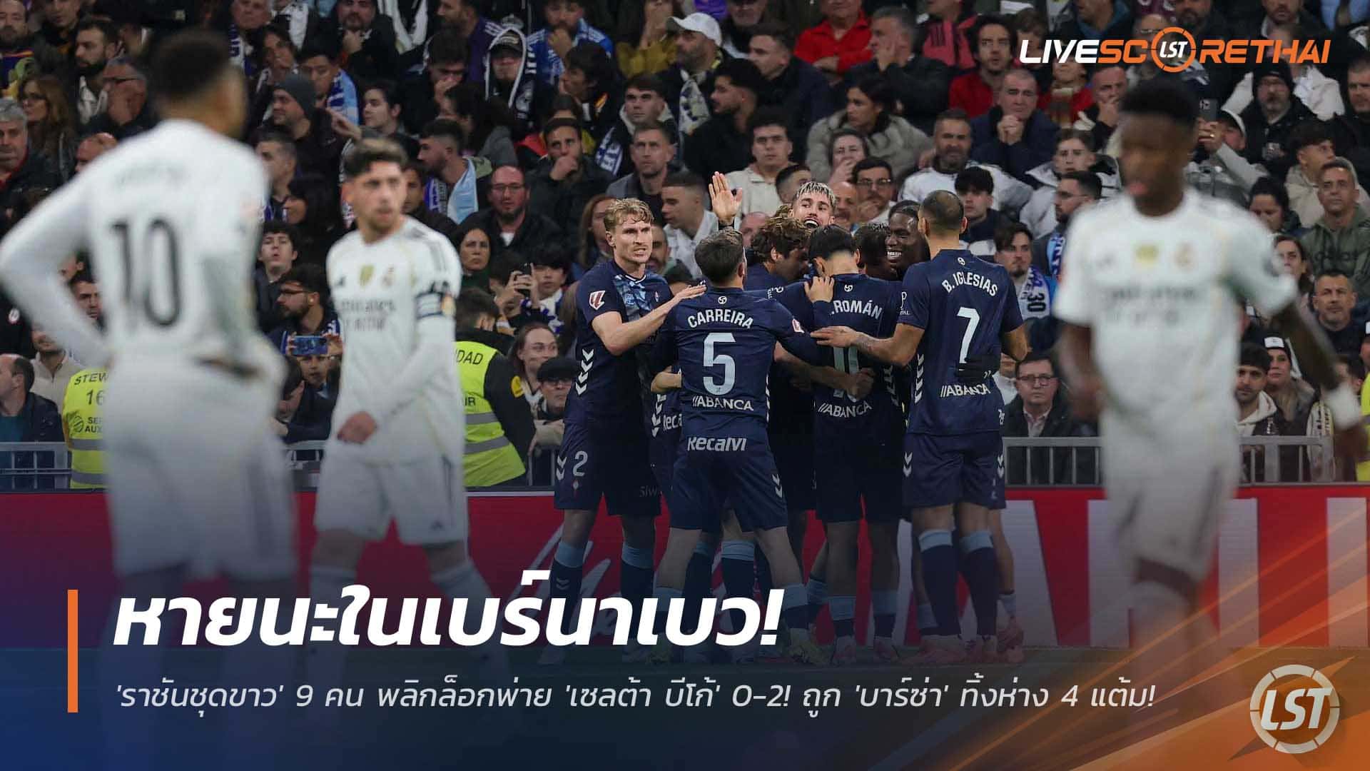 ข่าวฟุตบอล วันจันทร์ที่ 8 ธันวาคม 2568 : หายนะในเบร์นาเบว! 'ราชันชุดขาว' 9 คน พลิกล็อกพ่าย 'เซลต้า บีโก้' 0-2! ถูก 'บาร์ซ่า' ทิ้งห่าง 4 แต้ม! 